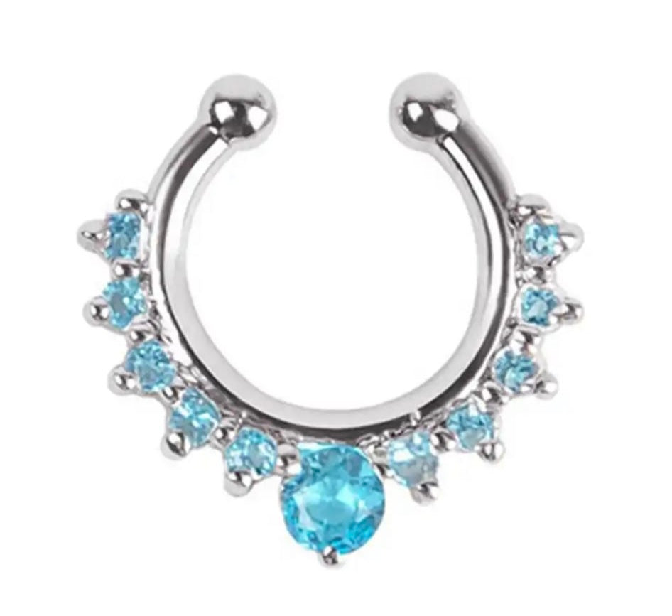 Silver Blue Stone Septum Nose Ring Faux